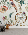 Papier peint boho - guirlandes d'attrapes-rêves et fleurs colorées