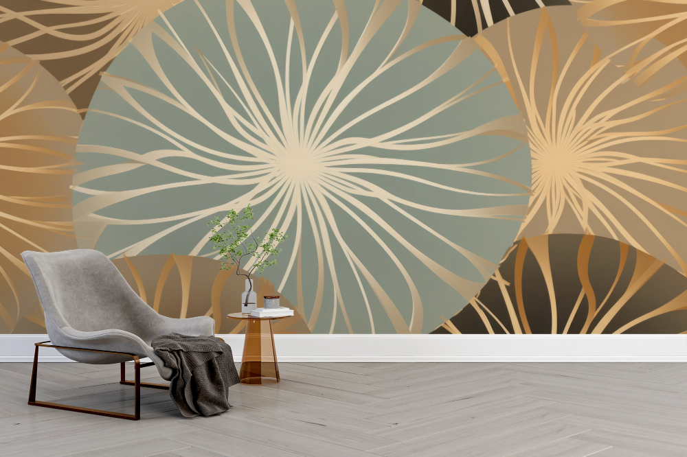 Papier peint art déco - éventails géométriques dorés et gris