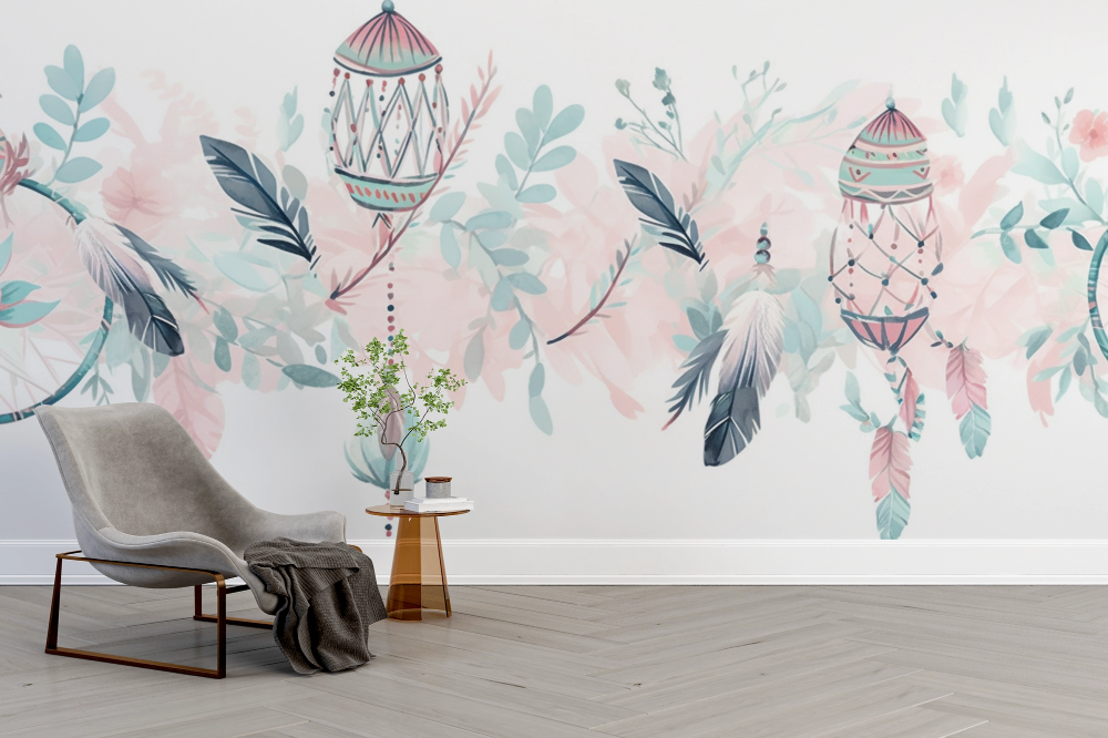 Papier peint boho - attrapes-rêves et plumes suspendues pastel