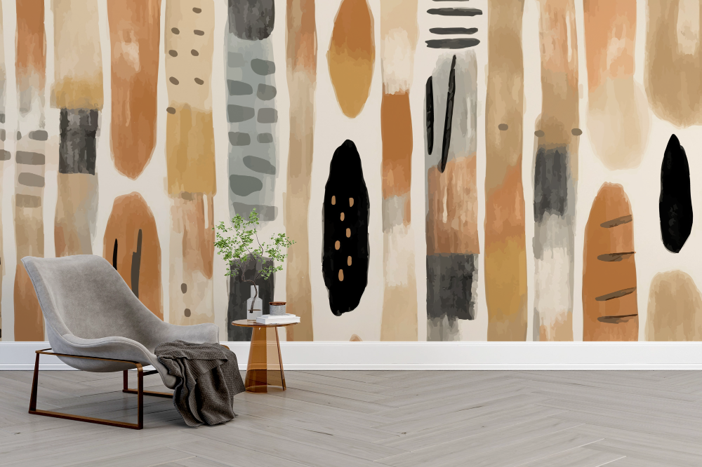 Papier peint abstrait - lignes verticales et touches de peinture terre cuite
