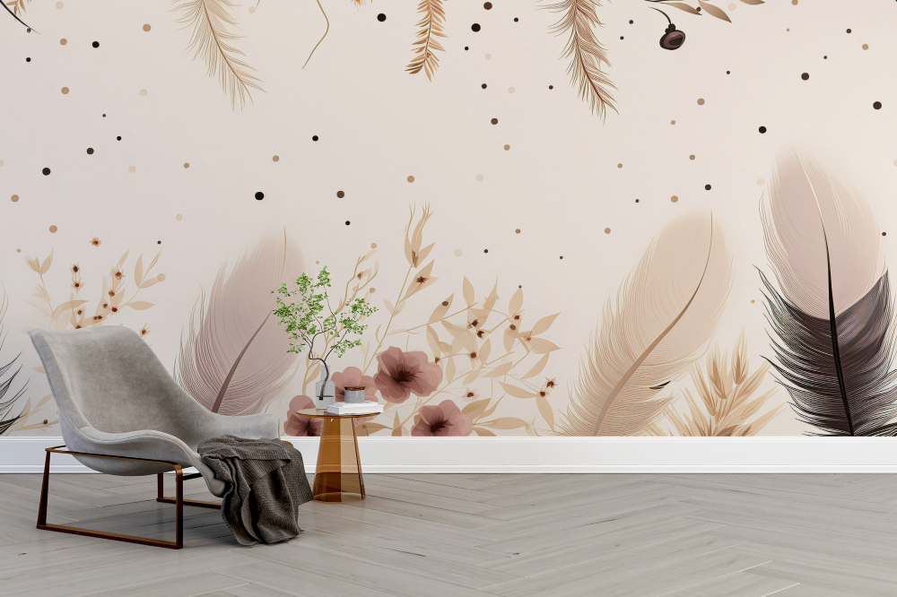 Papier peint boho - pluie de fines plumes légères beige