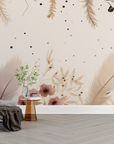 Papier peint boho - pluie de fines plumes légères beige