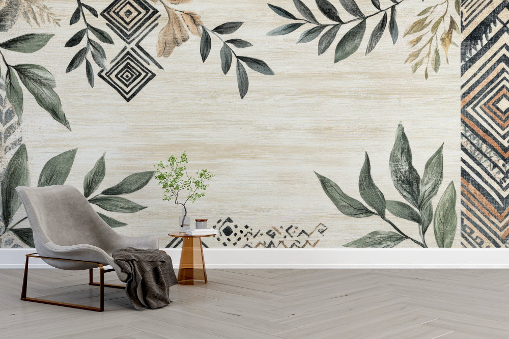 Papier peint boho - cadre de feuillages séchés et motifs ethniques