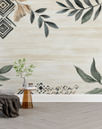 Papier peint boho - cadre de feuillages séchés et motifs ethniques