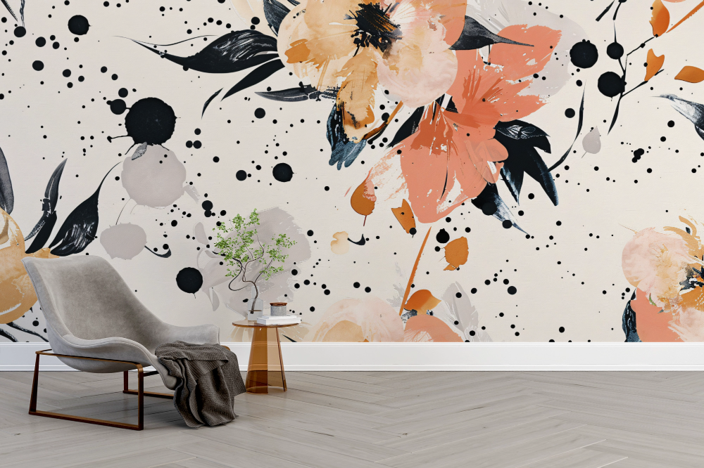 Papier peint fleuri - fleurs abstraites et éclats de peinture noirs