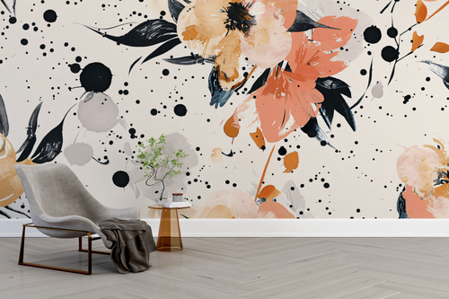 Floral wallpaper - abstract flowers and black paint splatters