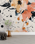 Papier peint fleuri - fleurs abstraites et éclats de peinture noirs