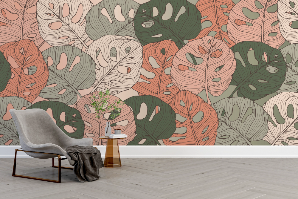 Papier peint nature - tapis de feuilles exotiques marron et vert
