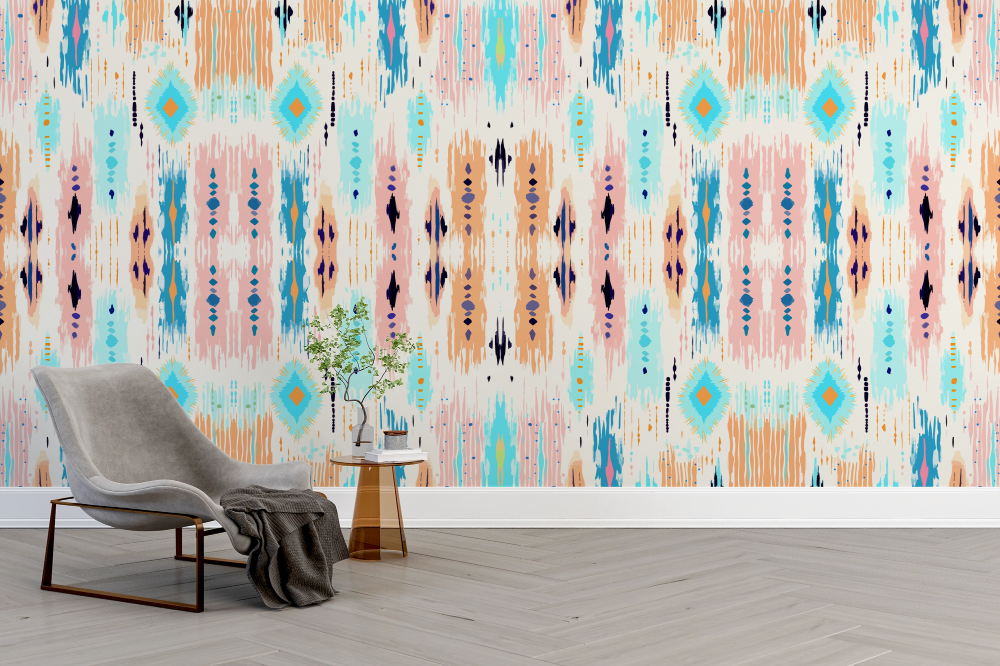 Papier peint géométrique - motifs ethniques turquoise et orange