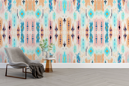 Papier peint géométrique - motifs ethniques turquoise et orange