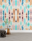 Papier peint géométrique - motifs ethniques turquoise et orange