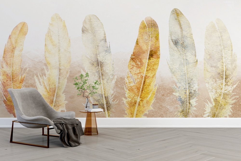 Papier peint boho - alignement de grandes plumes dorées