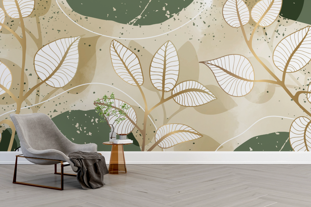 Papier peint nature - fines feuilles blanches sur fond kaki pastel