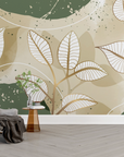 Papier peint nature - fines feuilles blanches sur fond kaki pastel