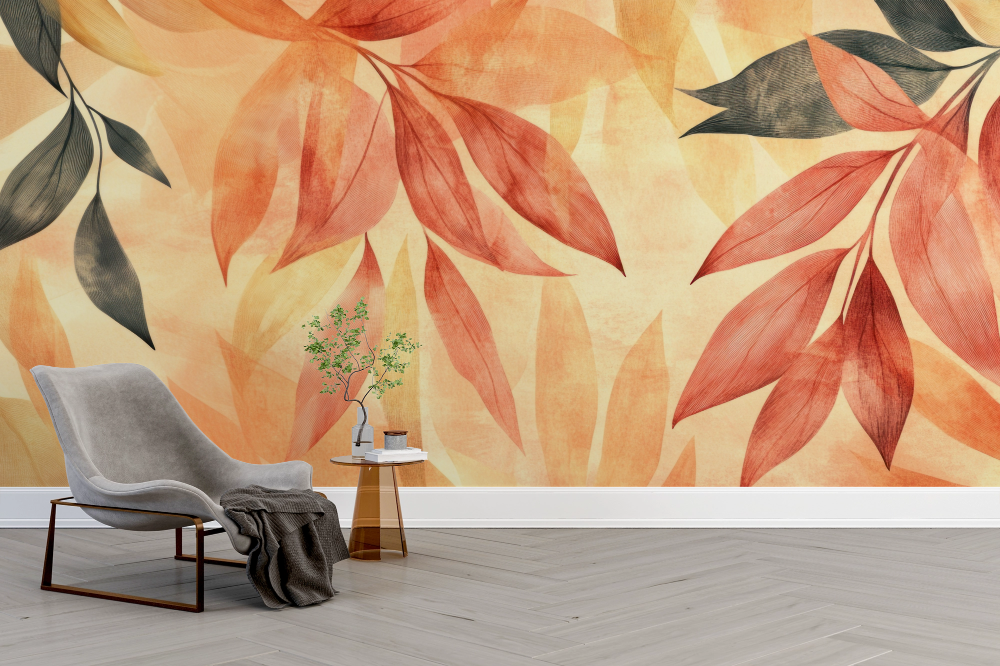Papier peint nature - feuillage d'automne orange et rouge