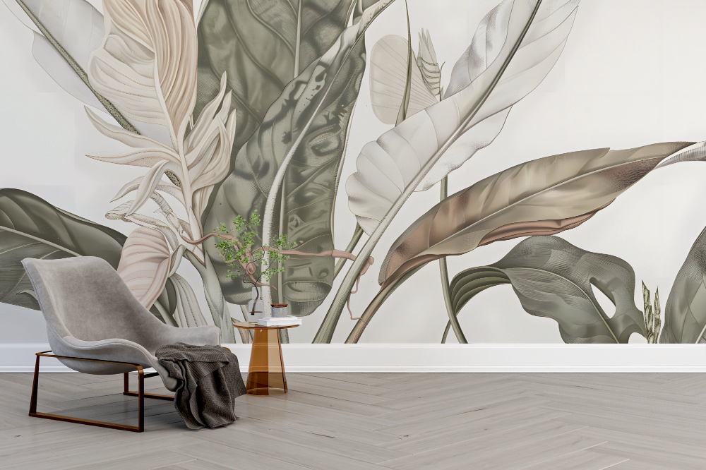 Papier peint nature - grands feuillages tropicaux sépia