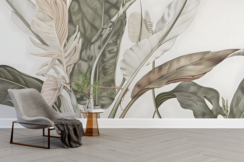 Papier peint nature - grands feuillages tropicaux sépia