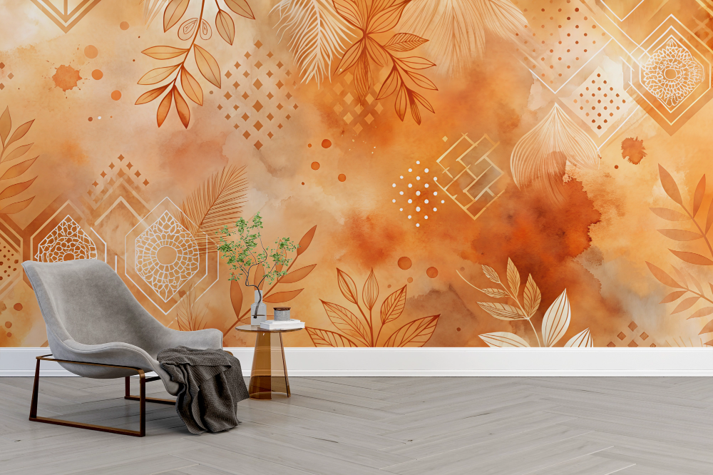 Papier peint boho - explosion abstraite terracotta et or