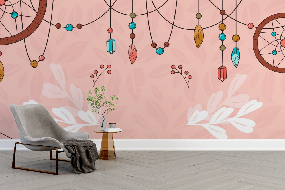Papier peint boho - attrapes-rêves et plumes suspendues roses
