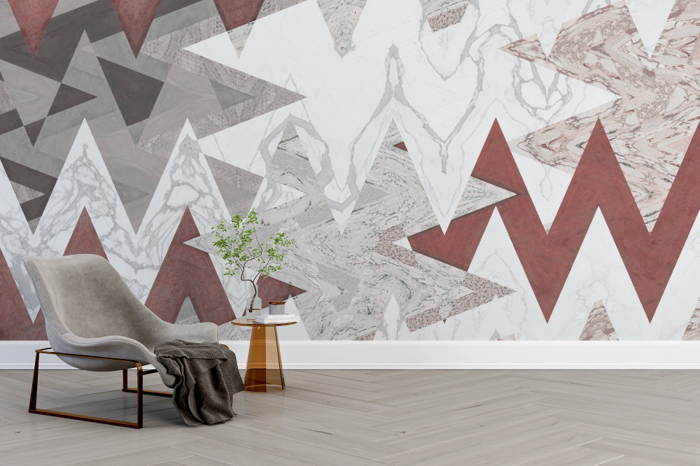Papier peint géométrique - triangles et lignes brisées bordeaux