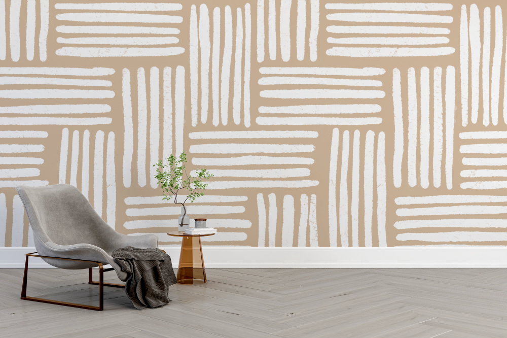Papier peint géométrique - lignes croisées effet cannage beige