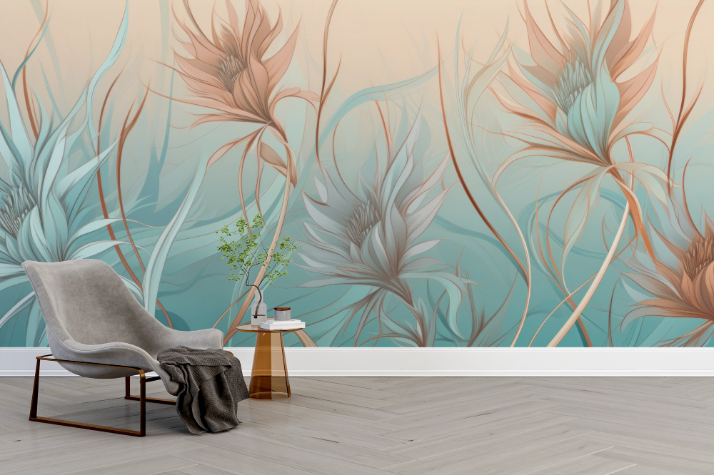 Papier peint nature - herbes à plume sur fond bleu azur
