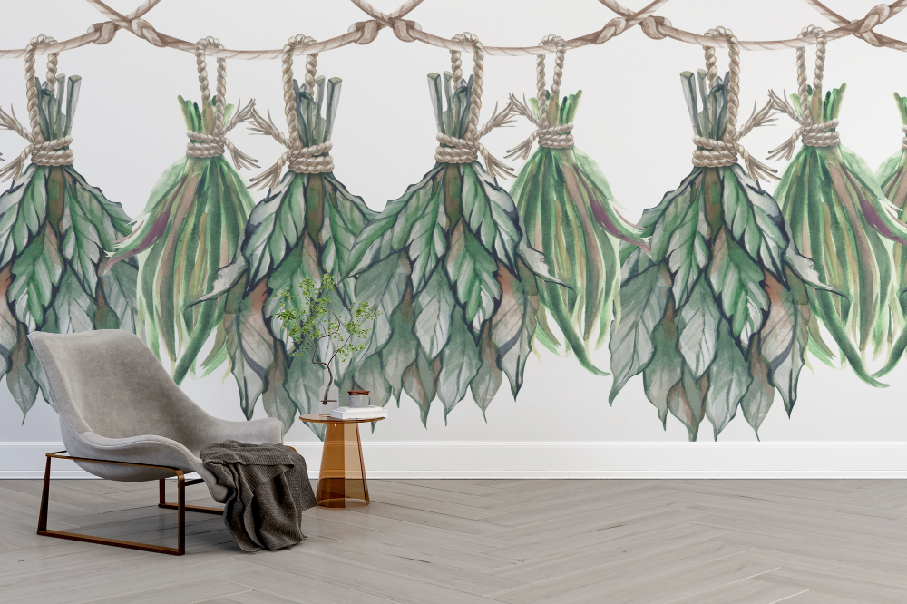 Papier peint boho - guirlande d'herbes séchées suspendues