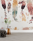Papier peint boho - pluie de plumes légères aquarelle
