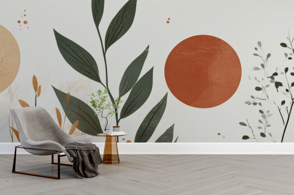 Papier peint boho - grands cercles terre cuite et feuillage noir