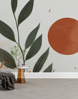Papier peint boho - grands cercles terre cuite et feuillage noir