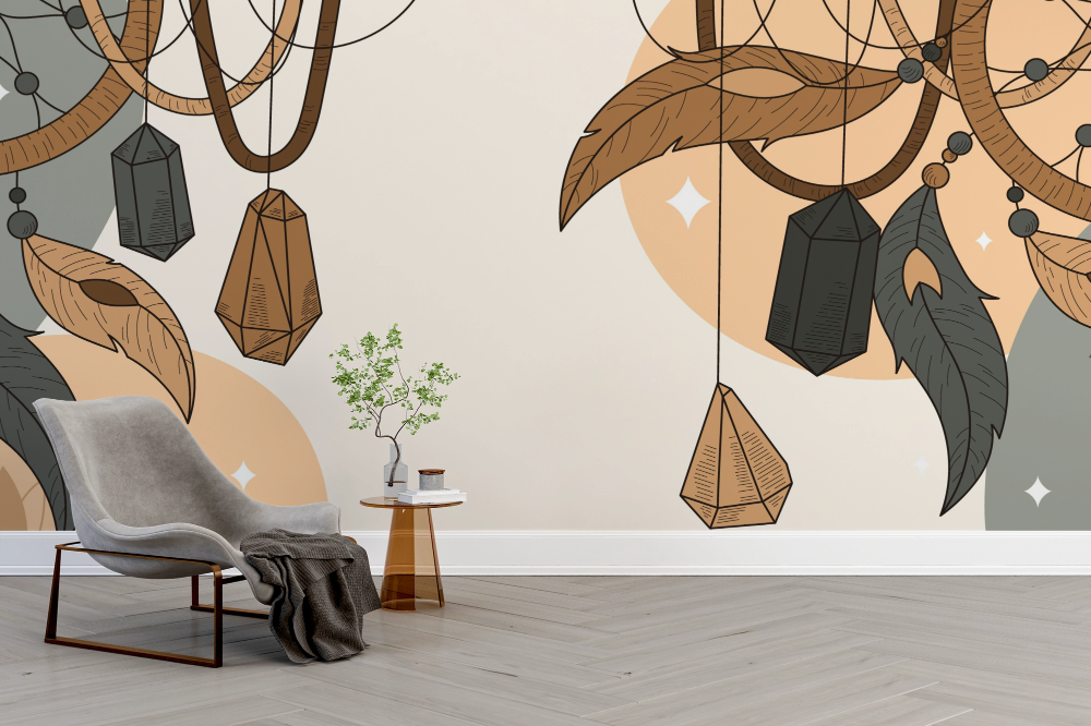 Papier peint boho - grands attrapes-rêves et plumes marron
