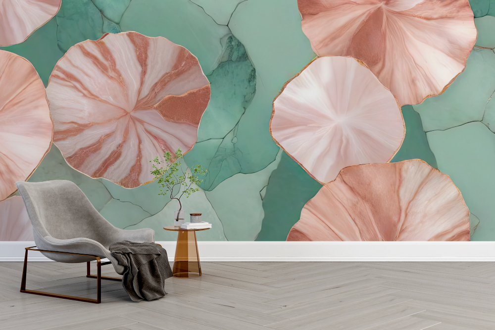 Papier peint boho - nénuphars géométriques rose et vert