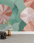 Papier peint boho - nénuphars géométriques rose et vert