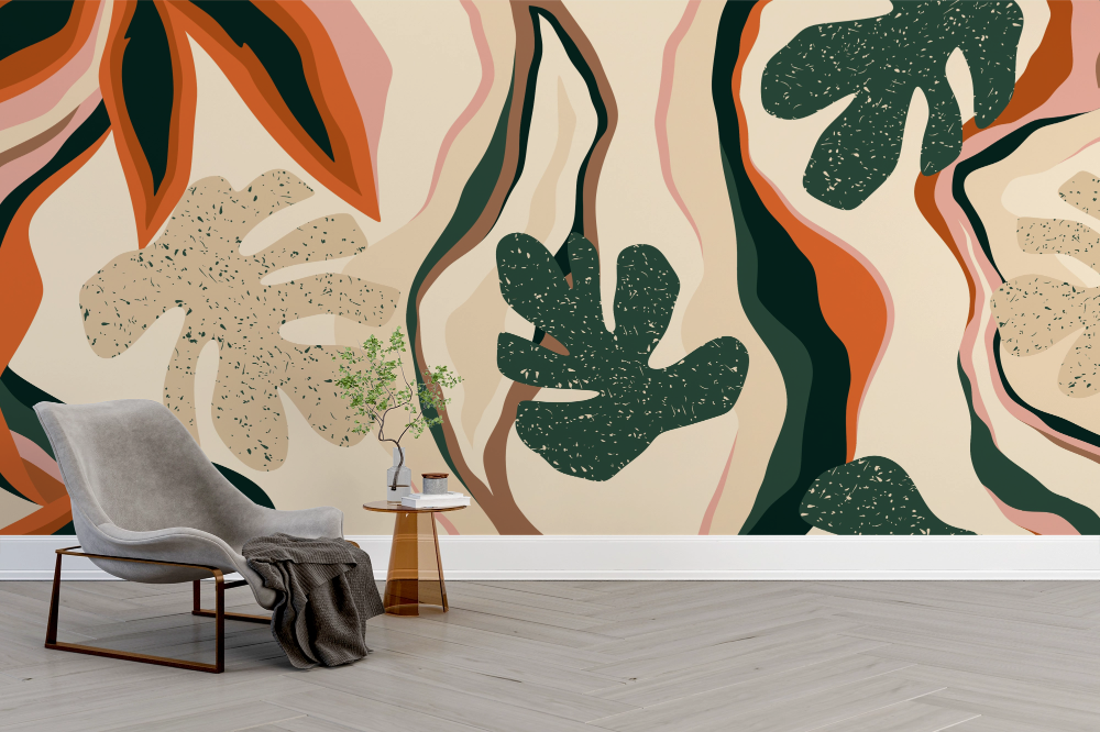 Papier peint boho - feuilles tropicales et formes abstraites terre cuite