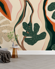Papier peint boho - feuilles tropicales et formes abstraites terre cuite