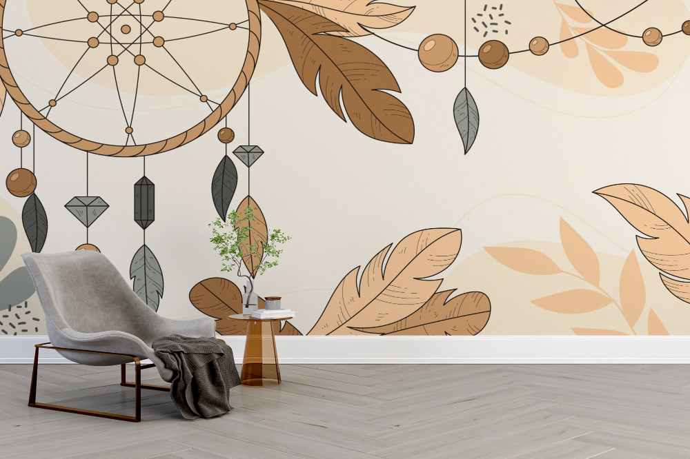 Papier peint boho - attrapes-rêves et feuillages dorés crème