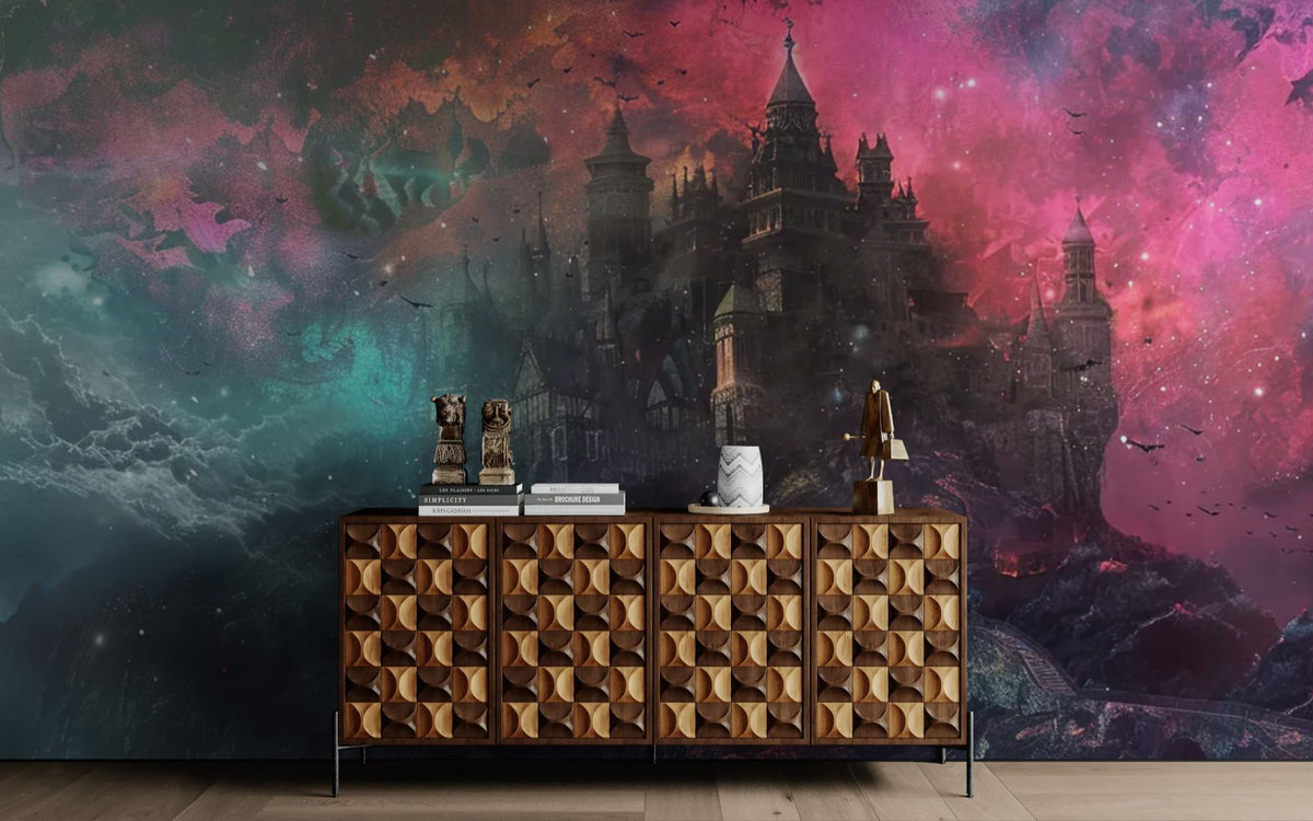 Papier peint fantastique - Château sur un rocher sous un ciel rose et bleu