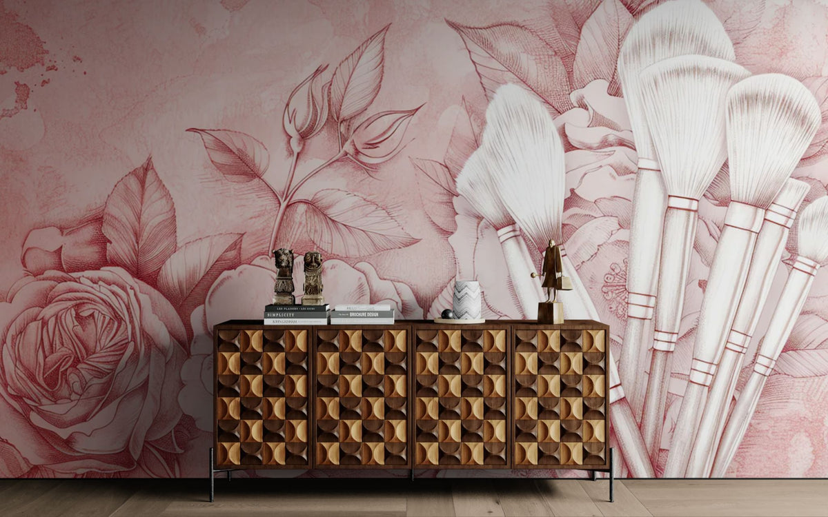 Papier peint floral - Fleurs roses et pinceaux de maquillage