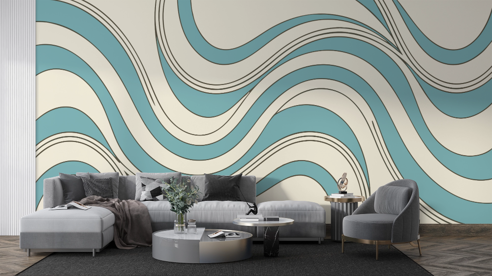 Papier peint rétro - vagues abstraites crème et bleues