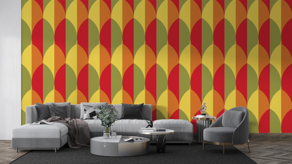 Papier peint rétro - motifs géométriques orange et jaune