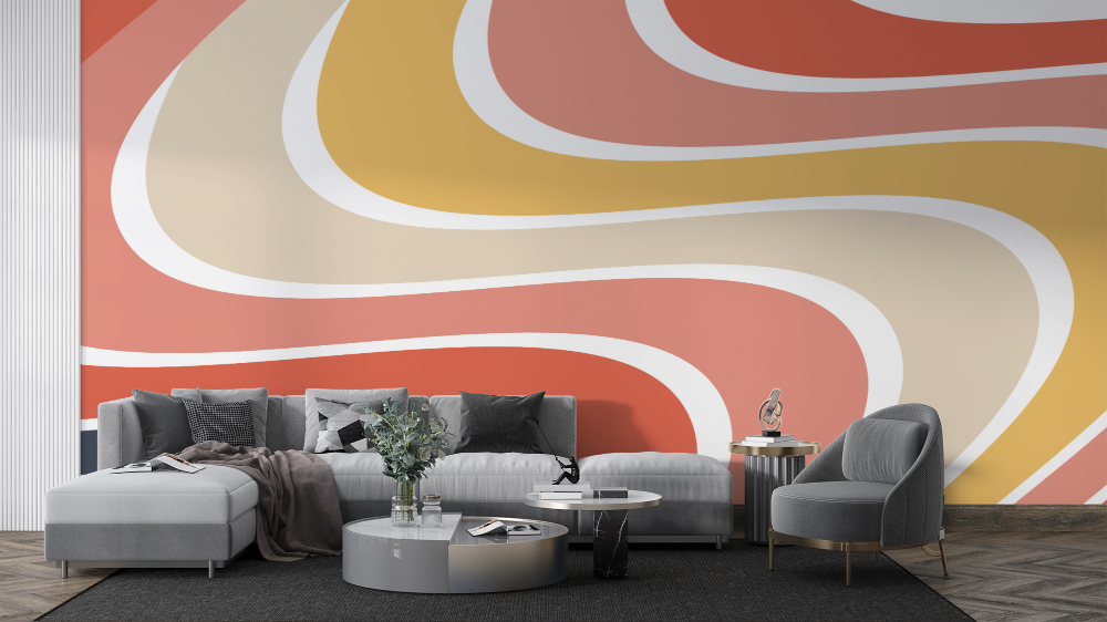 Papier peint rétro - grandes vagues orange et beige