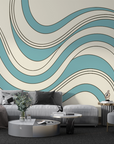 Papier peint rétro - vagues abstraites crème et bleues
