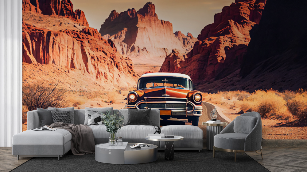 Papier peint voitures - voiture de collection orange sur une route de canyon