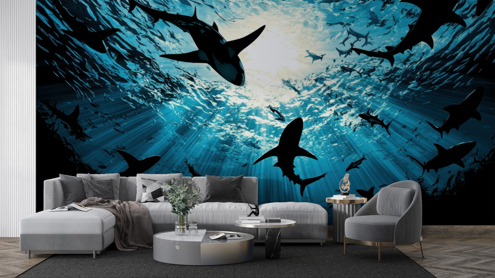 Papier peint animaux - silhouettes de requins sous l'océan