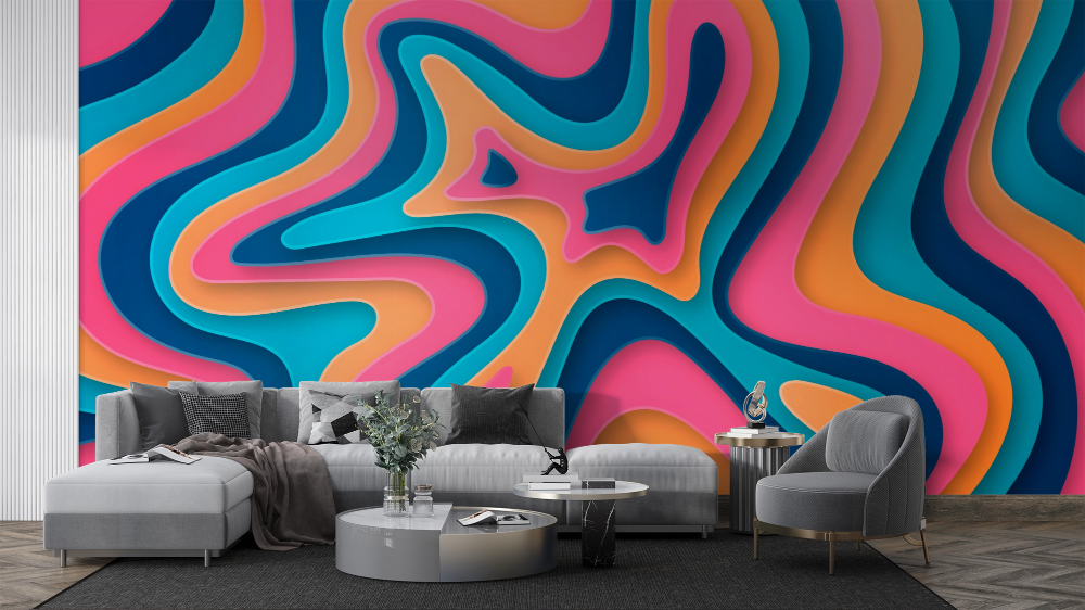 Papier peint rétro - volutes psychédéliques colorées