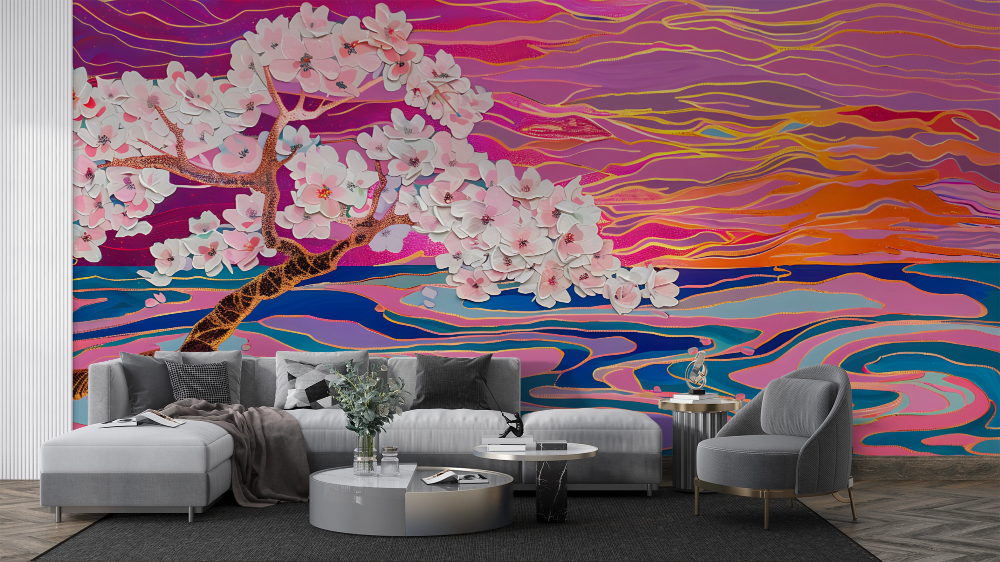 Papier peint nature - cerisier en fleurs rose vif et vagues abstraites