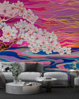 Papier peint nature - cerisier en fleurs rose vif et vagues abstraites