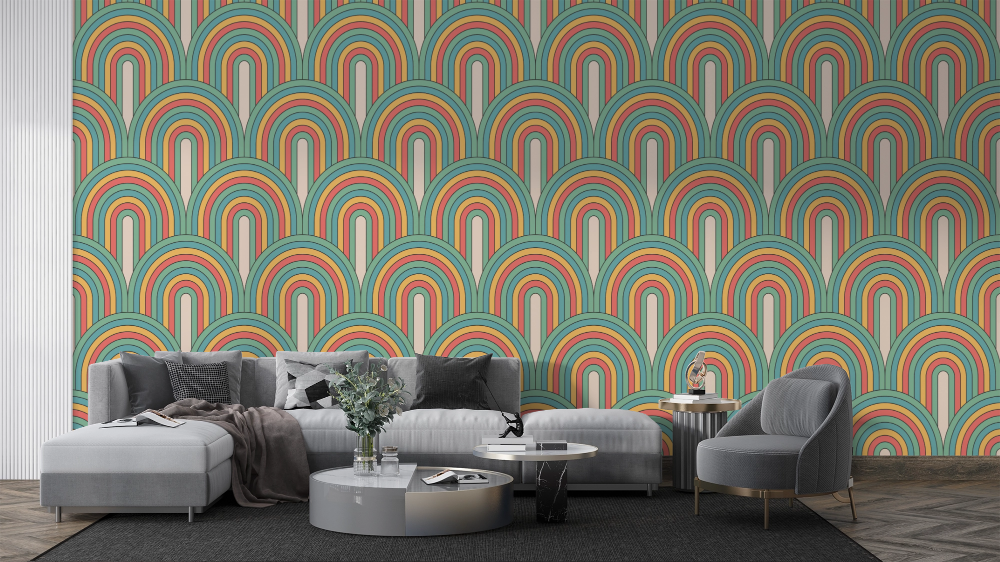 Papier peint rétro - arches art déco vert et orange