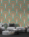 Papier peint rétro - arches art déco vert et orange