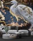 Papier peint animaux - héron blanc majestueux parmi les fleurs blanches